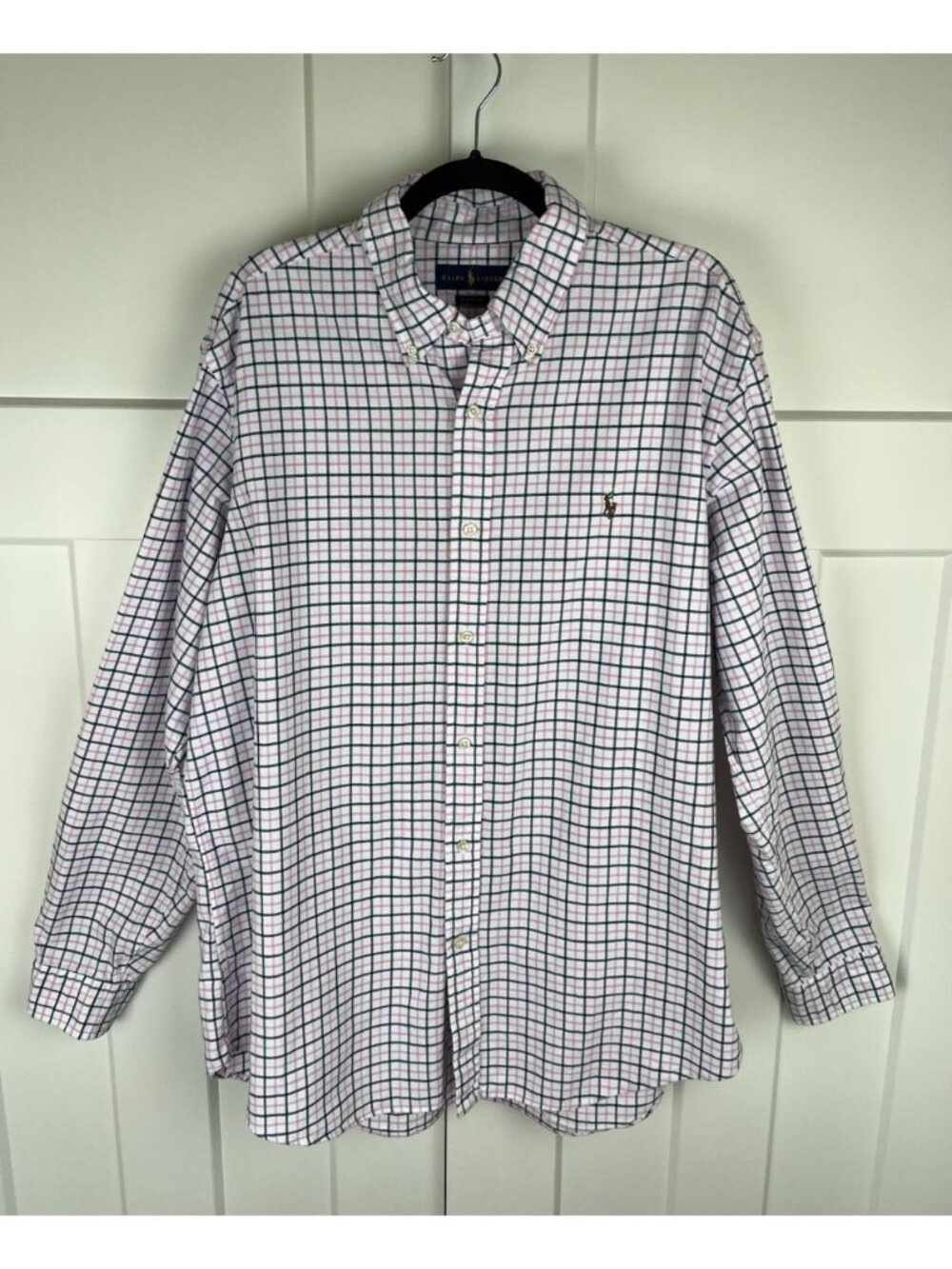 Ralph Lauren Classic Fit XL Pink Navy Plaid Button Front Oxford Shirt Pony